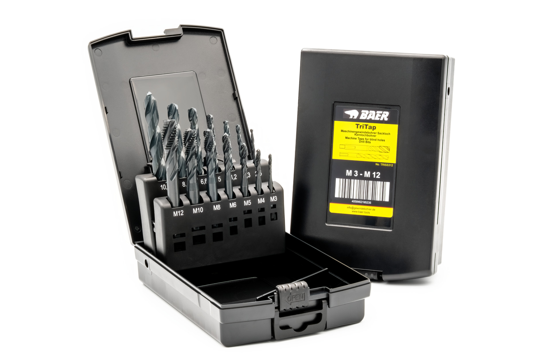 BAER TriTap Set HSSE-VAP M3–M12 – Gewindebohrer (Sackloch) & Kernlochbohrer